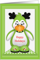 Happy Holidays with a Cute Penguin wearing Antlers and a Bell Collar card