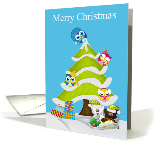 Christmas with a Tree full of Winter Owls and Bears in the Snow card