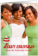 Christmas Photo Custom Name with a Red and White Tree with Red Text card