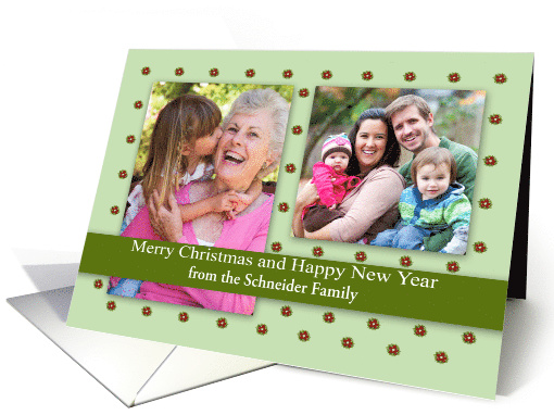 Christmas Photo Custom Name with a Poinsettia Wreath Pattern card