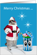 Christmas Humor with a Santa Claus Raccoon and a Garbage Can card