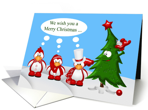 Christmas with Three Penquins Standing in the Snow with a... (1578236)
