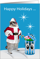 Happy Holidays Humor with a Santa Claus Raccoon and a Garbage Can card