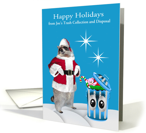 Happy Holidays from Business Custom Name with a Raccoon Santa card