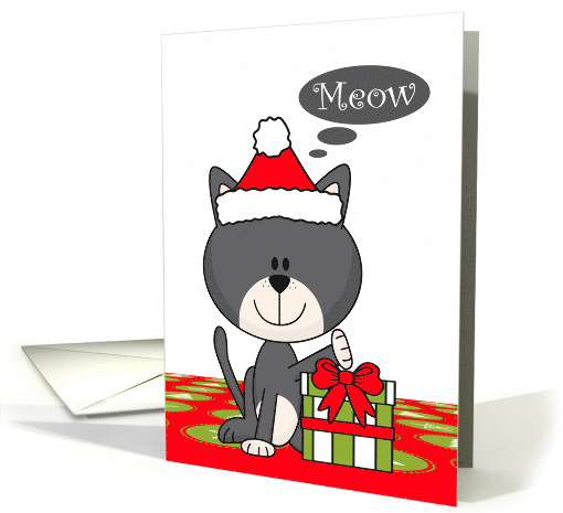 Christmas with a Gray Cat Wearing a Santa Hat Touching a Present card
