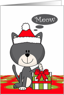 Christmas with a Gray Cat Wearing a Santa Hat Touching a Present card