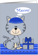 Hanukkah with a Cute Cat Wearing a Yarmulke and a Present on Blue card