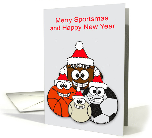 Christmas with Happy Face Sports Balls Wishing Merry Sportsmas card