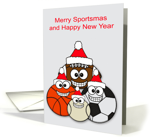 Christmas with Happy Face Sports Balls Wishing Merry Sportsmas card