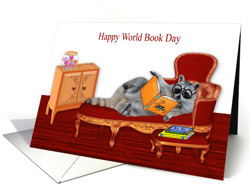 World Book Day with a Studious Raccoon Relaxing Reading a Book card