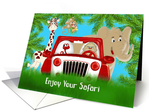 Bon Voyage on a Jungle Safari with a Jeep Surounded by Animals card