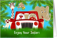Bon Voyage on a Jungle Safari with a Jeep Surounded by Animals card