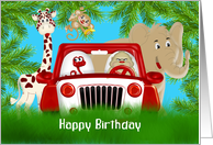 Birthday for Him with a Red Jeep Surounded by Cute Jungle Animals card
