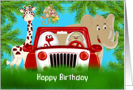 Birthday with a Red Jeep Surounded by Cute Jungle Animals card