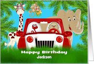 Birthday Custom Name with a Red Jeep Surounded by Jungle Animals card
