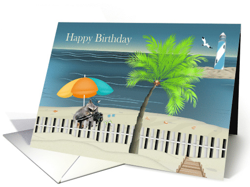 Birthday with a Raccoon Holding a Camera under a Beach Umbrella card