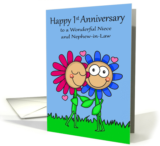 1st Wedding Anniversary to Niece and Nephew in Law with Flowers card