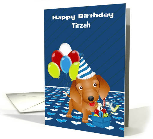 Birthday Custom Name with a Wire-haired Dachshund and Balloons card