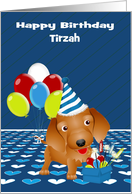 Birthday Custom Name with a Wire-haired Dachshund and Balloons card