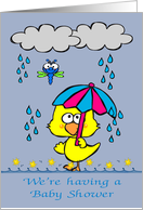 Invitation to Baby Shower with a Duck Holding an Umbrella in the Rain card