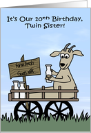 10th Birthday to Twin Sister Humor with a Goat in Cart Selling Milk card