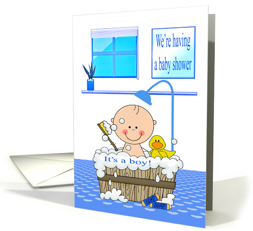 Invitation to Baby Shower It's a Boy with a Baby Taking a Shower card