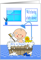 Invitation to Baby Shower It’s a Boy with a Baby Taking a Shower card