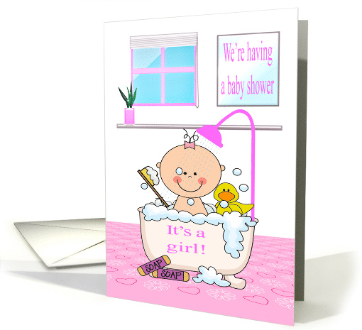 Invitation to Baby Shower It's a Girl with a Baby Taking a Shower card
