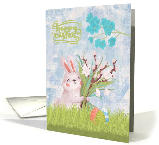 Easter a Watercolor Bunny Holding a Bouquet of Flowers and Eggs card