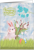 Easter a Watercolor Bunny Holding a Bouquet of Flowers and Eggs card