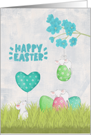 Easter with Watercolor Mice Holding a Heart Balloon and Eggs card