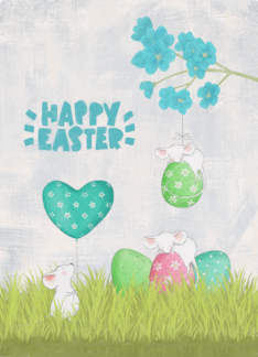 Easter with Watercolor Mice Holding a Heart Balloon and Eggs