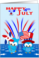 4th of July with Two Colorful Owls Holding a Flag and Pinwheel card