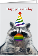 Birthday During COVID-19 with a Raccoon a Rainbow Colored Mask card