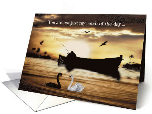 Wedding Anniversary to Spouse with a Fishing Scene and Two Swans card