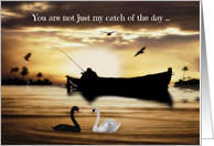 Wedding Anniversary to Spouse with a Fishing Scene and Two Swans card