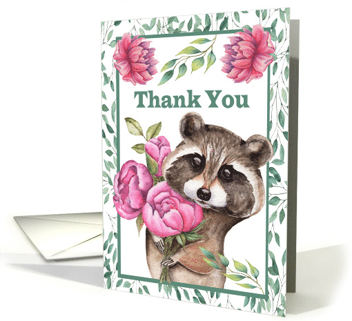 Thank You with a Beautiful Raccoon Holding a Big Bunch of Flowers card