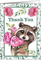 Thank You with a Beautiful Raccoon Holding a Big Bunch of Flowers card