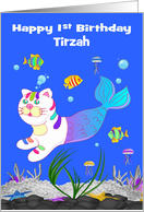 1st Birthday Custom Name with a Cute Purrmaid Swimming in the Ocean card