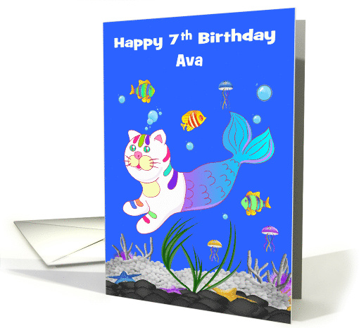 7th Birthday Custom Name with a Cute Purrmaid Swimming in... (1646532)