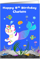 8th Birthday Custom Name with a Cute Purrmaid Swimming in the Ocean card