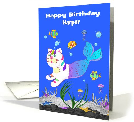 Birthday Custom Name with a Cute Purrmaid Swimming in the Ocean card