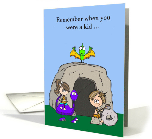 Birthday Age Humor with a Boy and Girl Playing Outside a Cave card