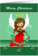 Christmas with a Beautiful Winged Angel and a Halo Holding a Wreath card