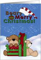 Christmas with Cute Bears with Festive Presents sitting in the Snow card