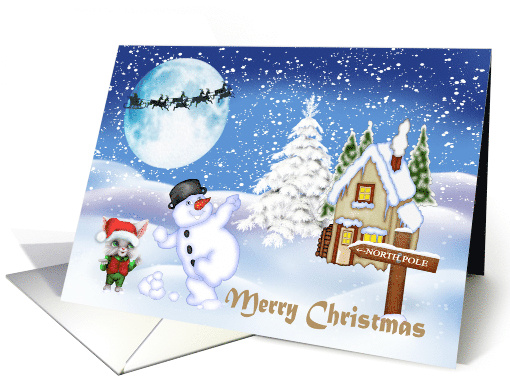 Christmas with an Adorable Cat and Snowman in a Winter Scene card