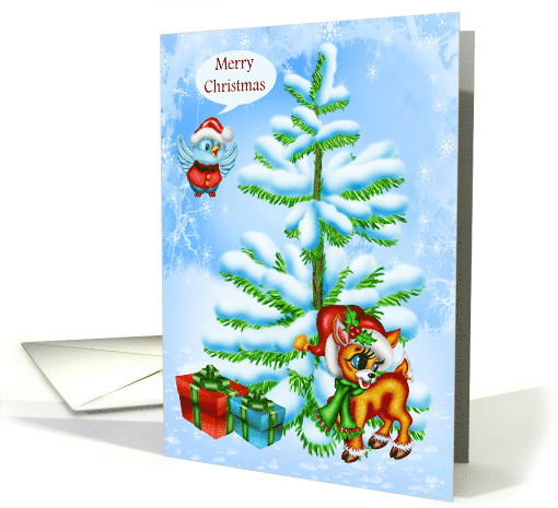 Christmas with a Snowy Scene and an Adorable Festive Reindeer card
