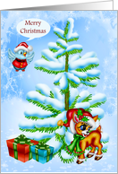 Christmas with a Snowy Scene and an Adorable Festive Reindeer card