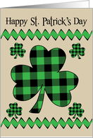 St Patrick’s Day with Black and Green Plaid Shamrocks over Zigzags card