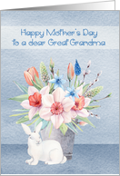 Mother’s Day to Great Grandma with Bunny Sitting in Front of Flowers card